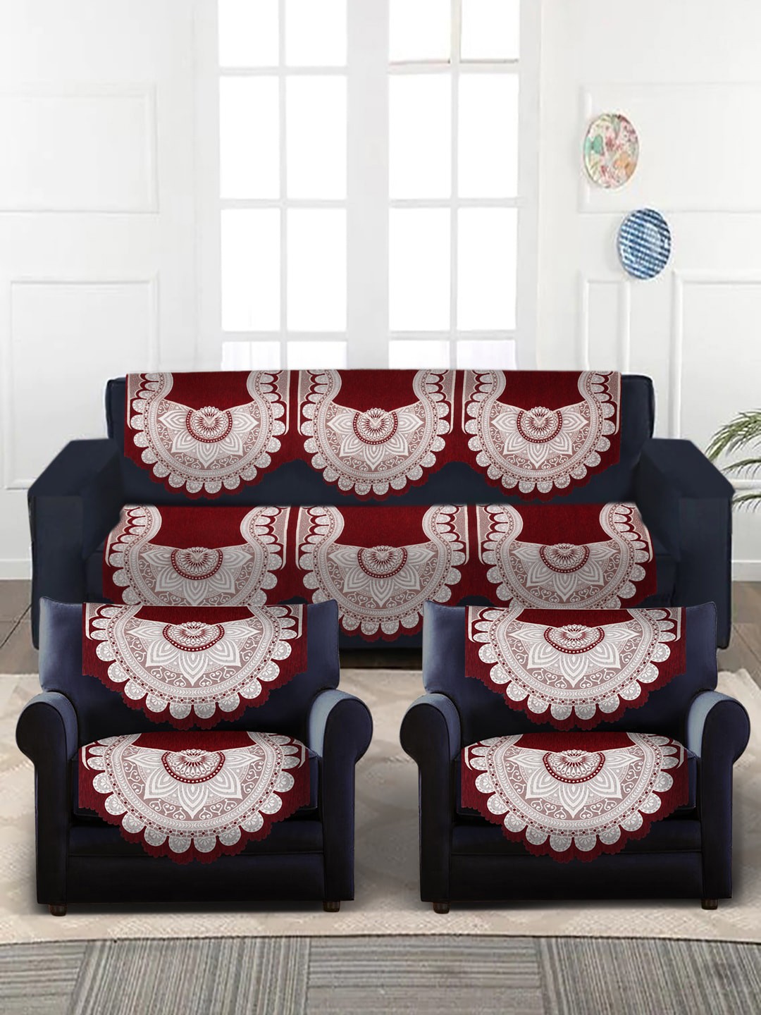 

HOSTA HOMES Maroon & White 6 Pieces Jacquard Design Velvet 5-Seater Sofa Covers
