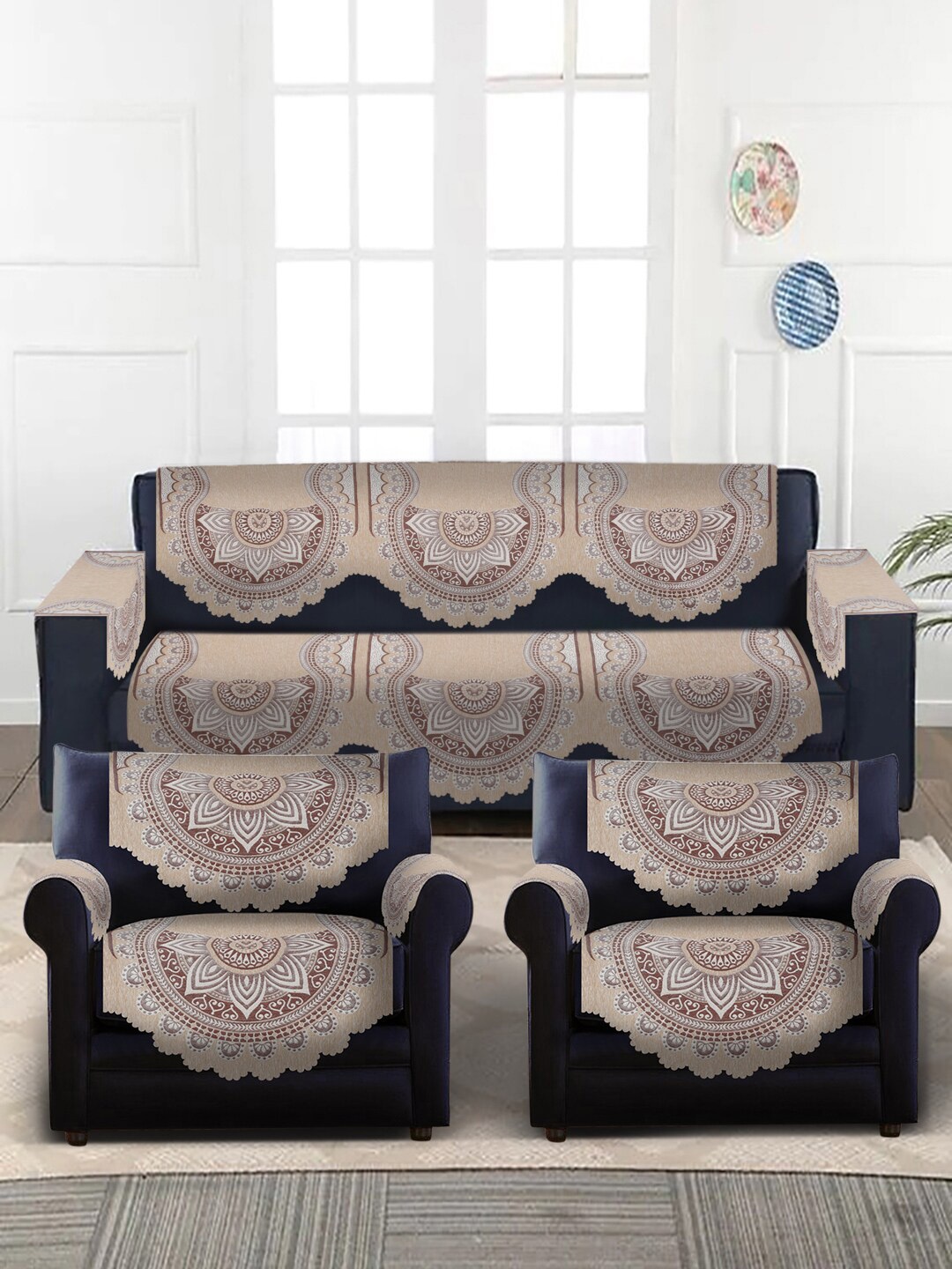 

HOSTA HOMES Beige Printed 5-Seater Sofa Cover With Arms