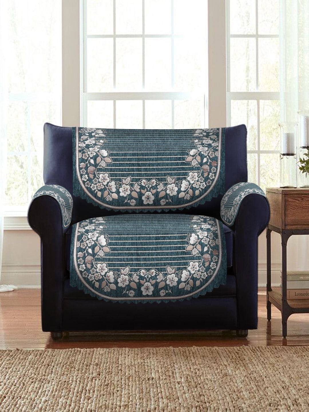 

HOSTA HOMES Turquoise Blue Printed 5-Seater Sofa Cover With Arms