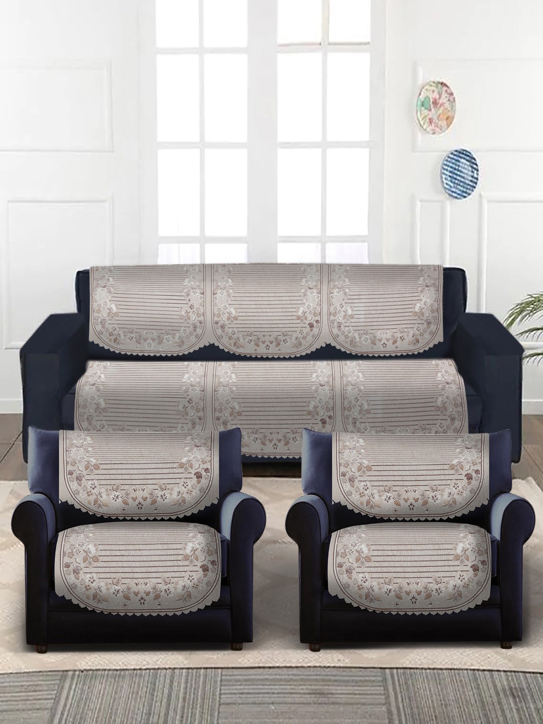 

HOSTA HOMES Beige & Brown Jacquard Design Velvet 5-Seater Sofa Covers
