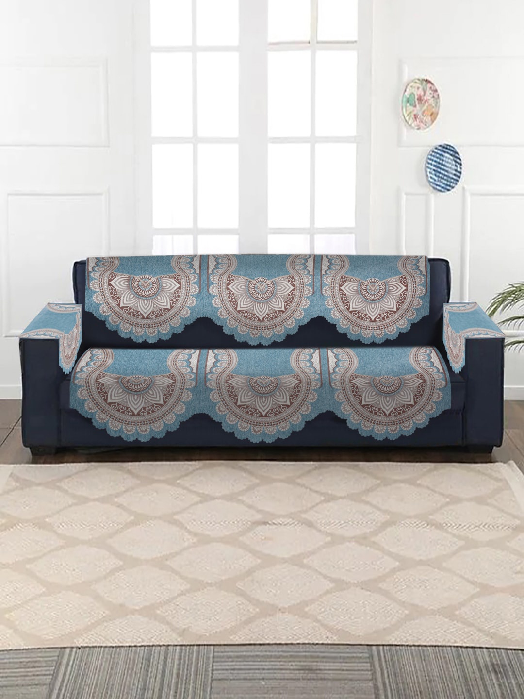 

HOSTA HOMES Blue & Brown 6 Pieces Jacquard Velvet Design Velvet 5-Seater Sofa Covers, Turquoise blue