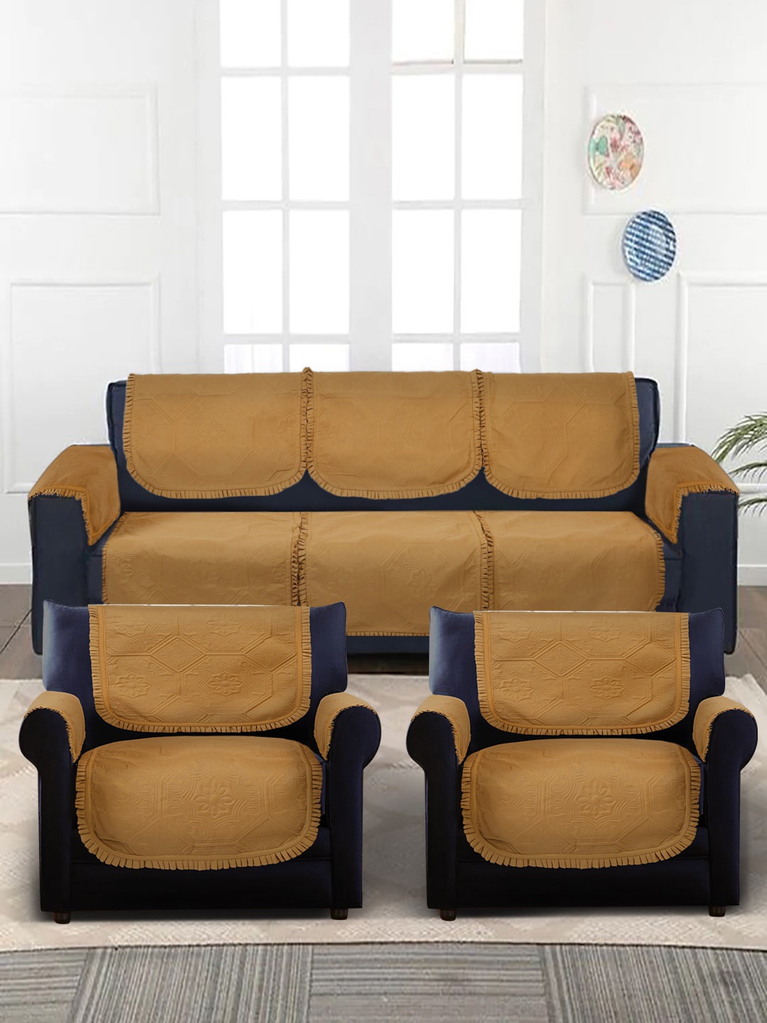 

HOSTA HOMES Beige 10 Pieces Self Design Frill 5-Seater Sofa Covers With Arm Rests
