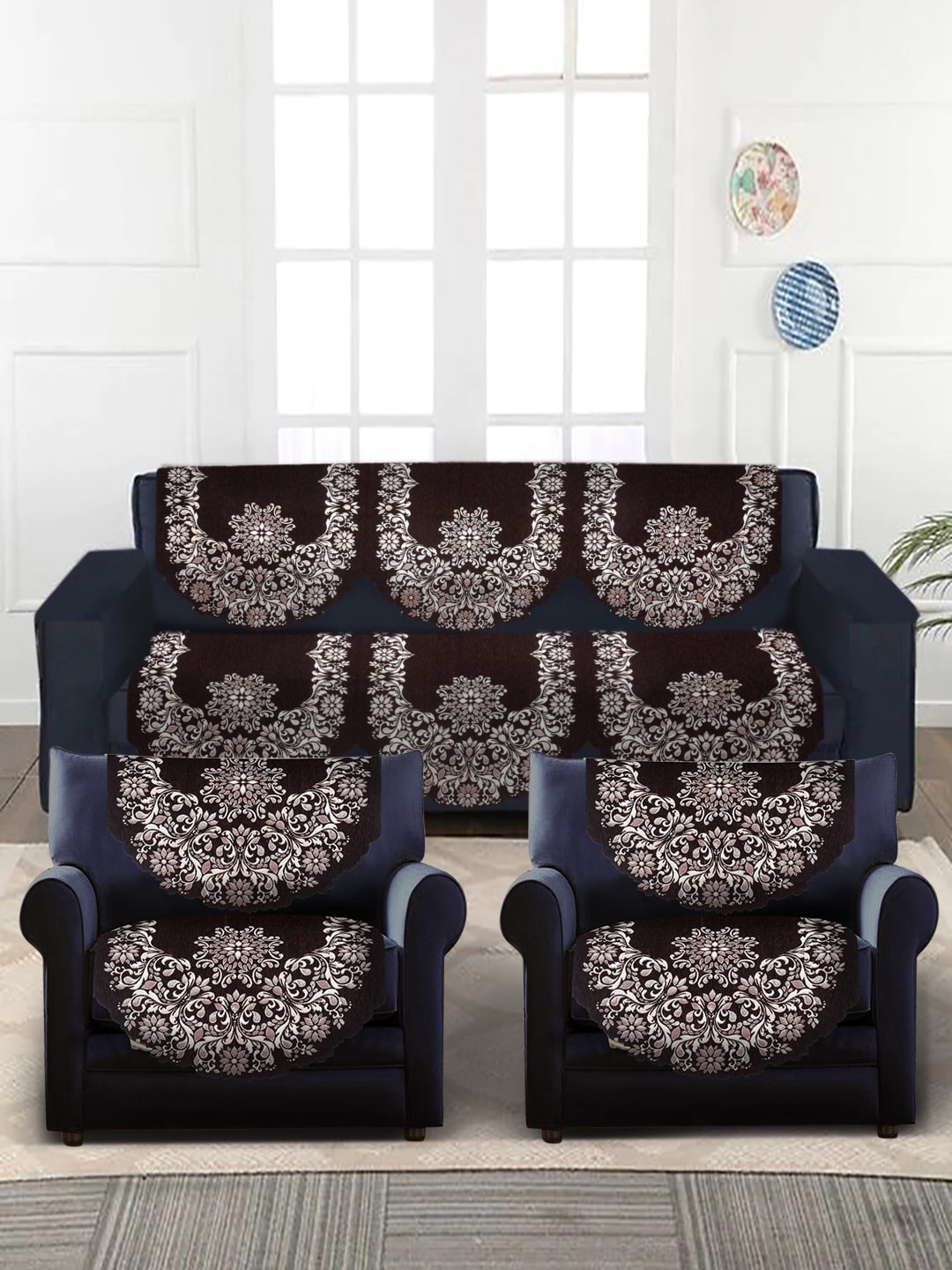 

HOSTA HOMES Brown & White 6 Pieces Jacquard Design Velvet 5-Seater Sofa Covers