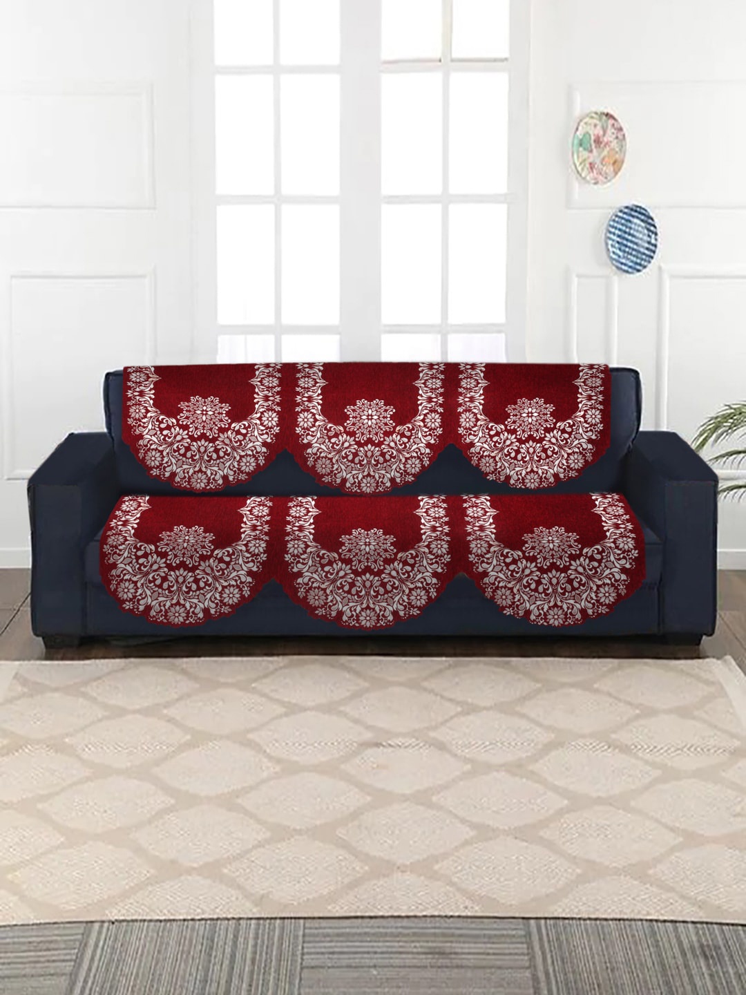 

HOSTA HOMES Red & White 6 Pieces Jacquard Design Velvet 5-Seater Sofa Covers