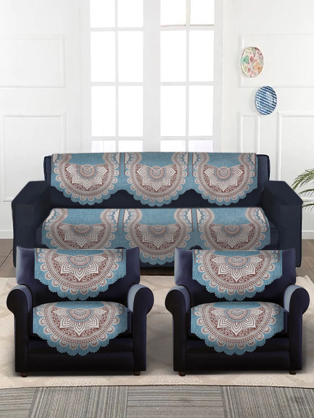 

HOSTA HOMES Turquoise Blue & Brown 6-Pieces Jacquard Design Velvet 5-Seater Sofa Covers