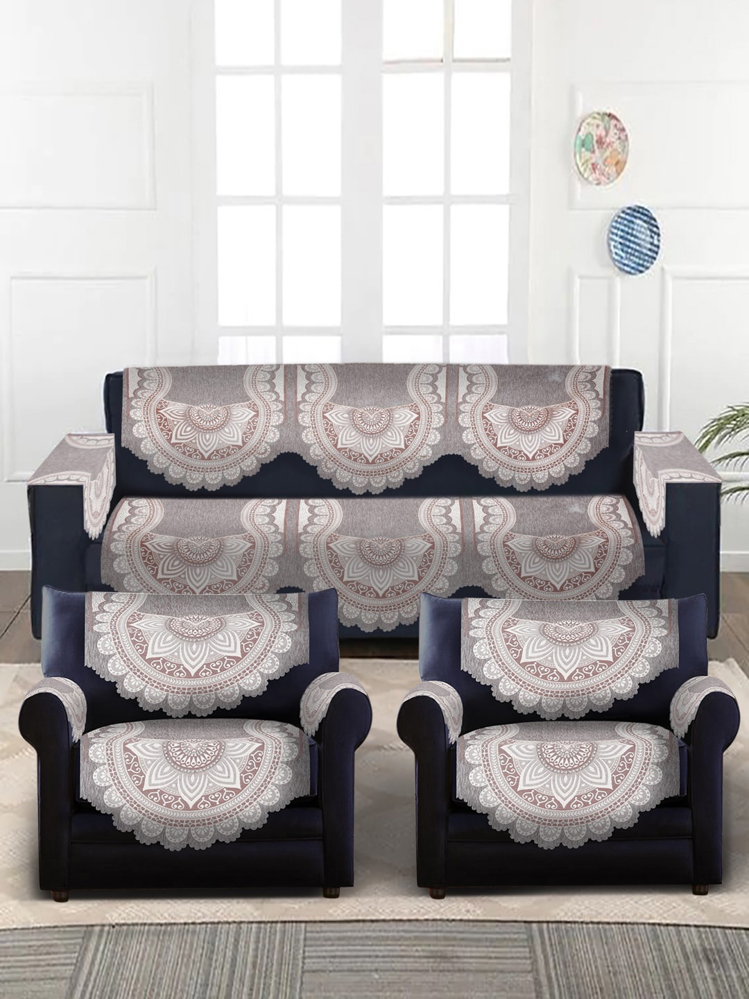 

HOSTA HOMES Grey & Brown 10-Pieces Jacquard Design Velvet 5-Seater Sofa Covers