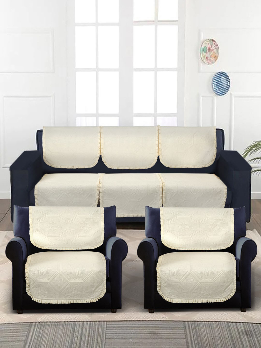 

HOSTA HOMES Cream-Colored 6-Pieces Punched Frill Design 5-Seater Sofa Covers