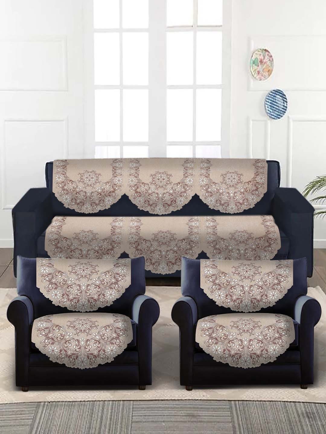 

HOSTA HOMES Beige & Brown 6-Pieces Jacquard Design Velvet 5-Seater Sofa Covers