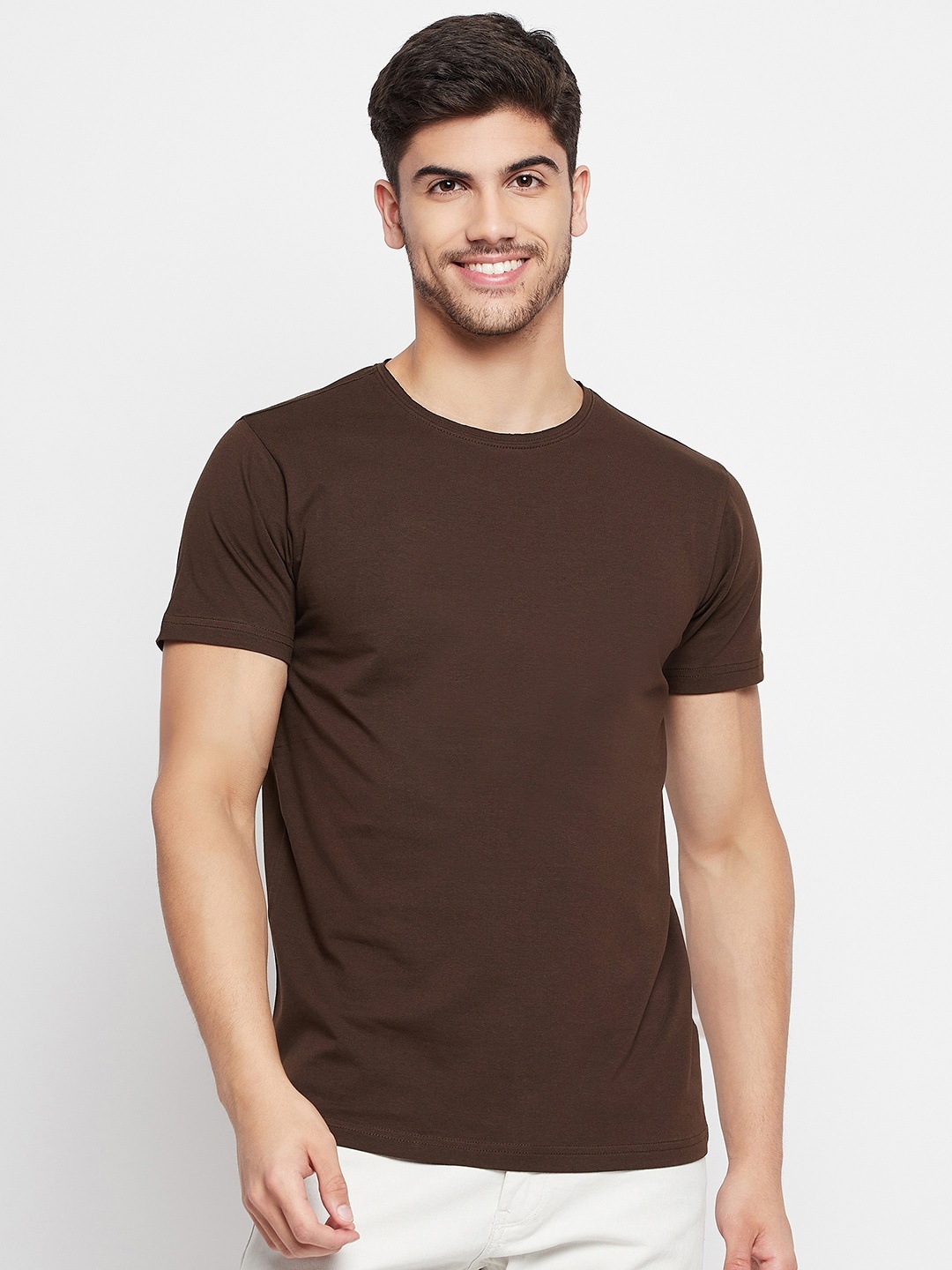 

QUBIC Round Neck Cotton T-Shirt, Coffee brown