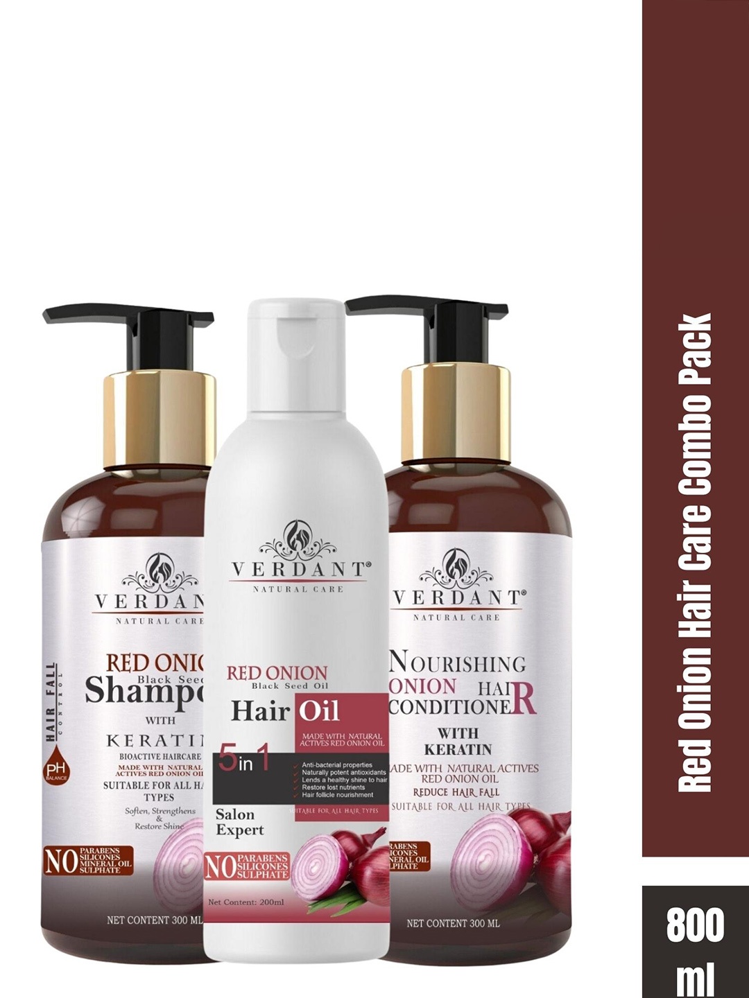 

Verdant Natural Care Set Of Red Onion Hair Shampoo + Conditioner + Hair Oil, White