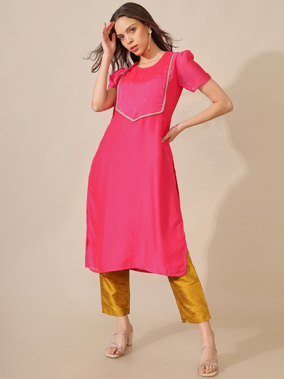 

Saaki Yoke Design Embroidered Straight Kurta, Fuchsia