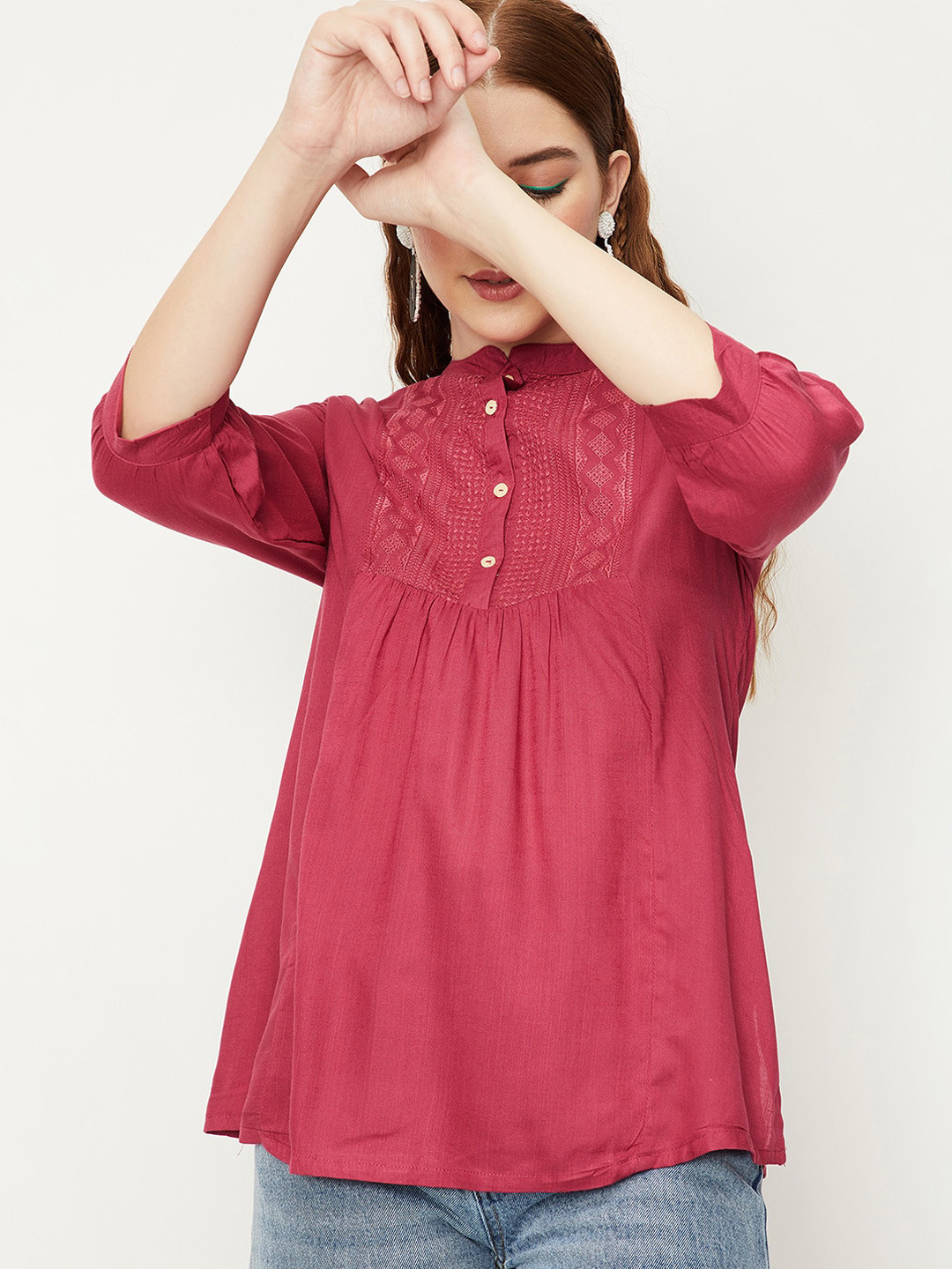 

max Ethnic Motif Embroidered Pure Cotton A-line Kurti, Pink