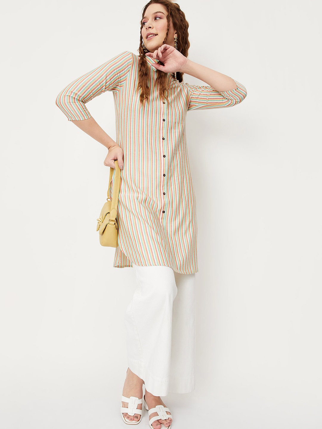 

max Striped Shirt Collar Cotton A-Line Kurta, White