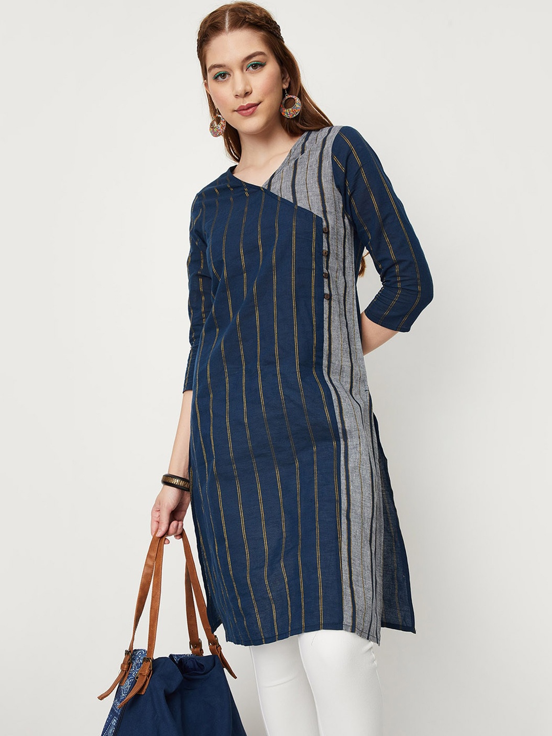 

max Striped Cotton Kurta, Navy blue
