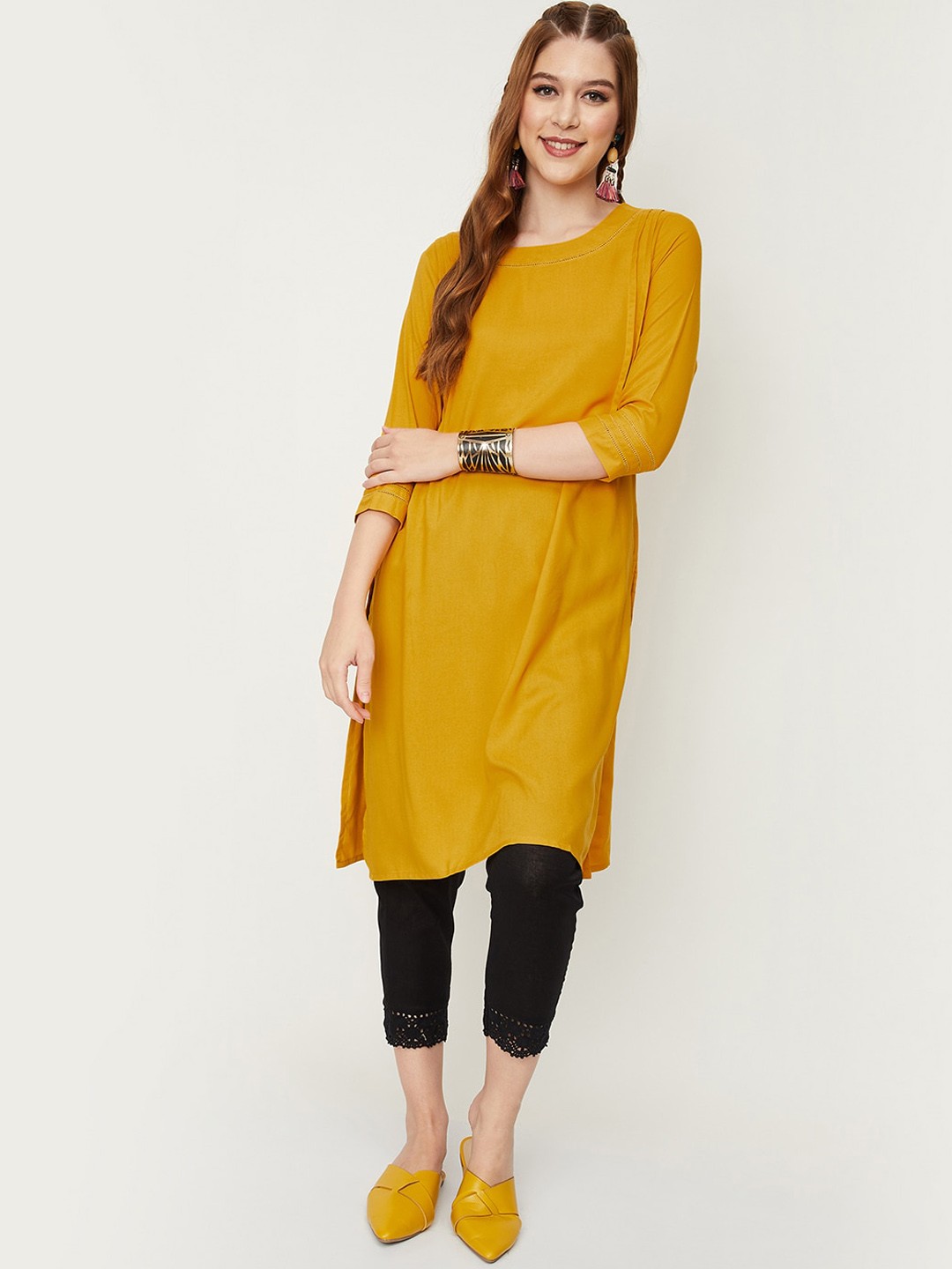 

max Round Neck Straight Kurta, Yellow
