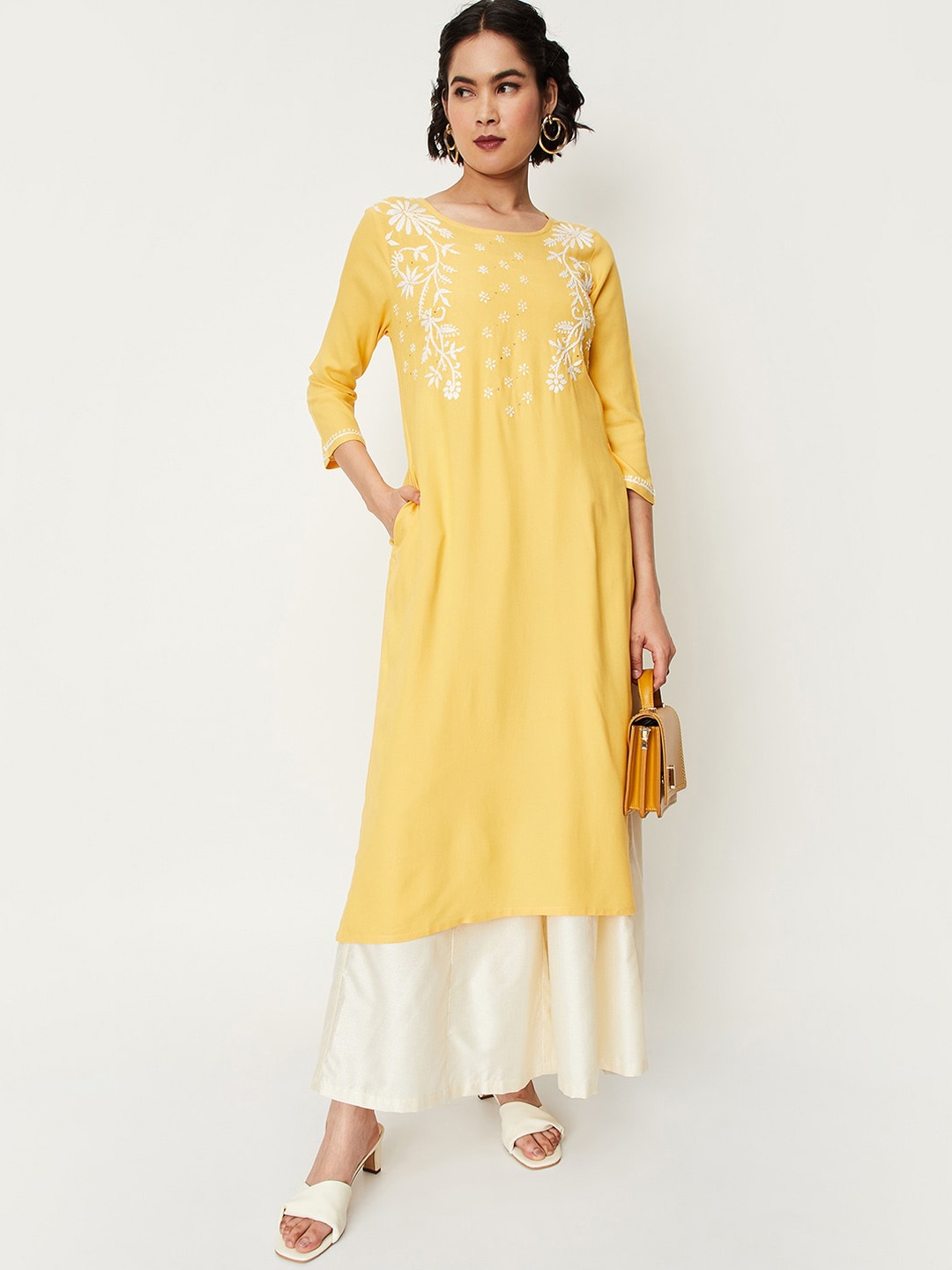 

max Floral Embroidered Kurta, Yellow