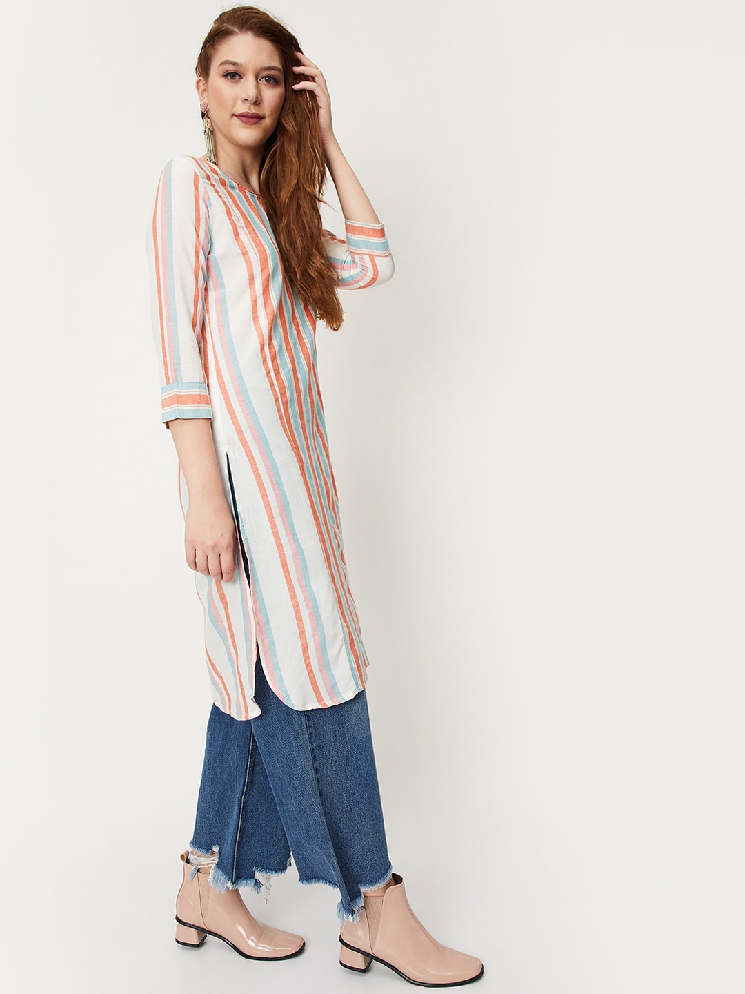 

max Striped Cotton Straight Kurta, White