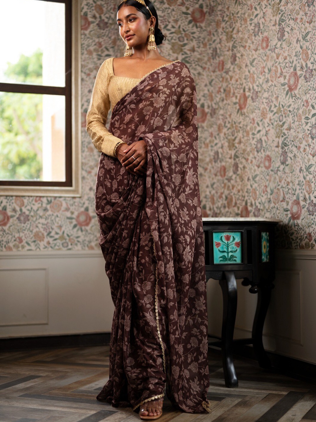 

Saaki Brown Floral Printed Embellished Saree