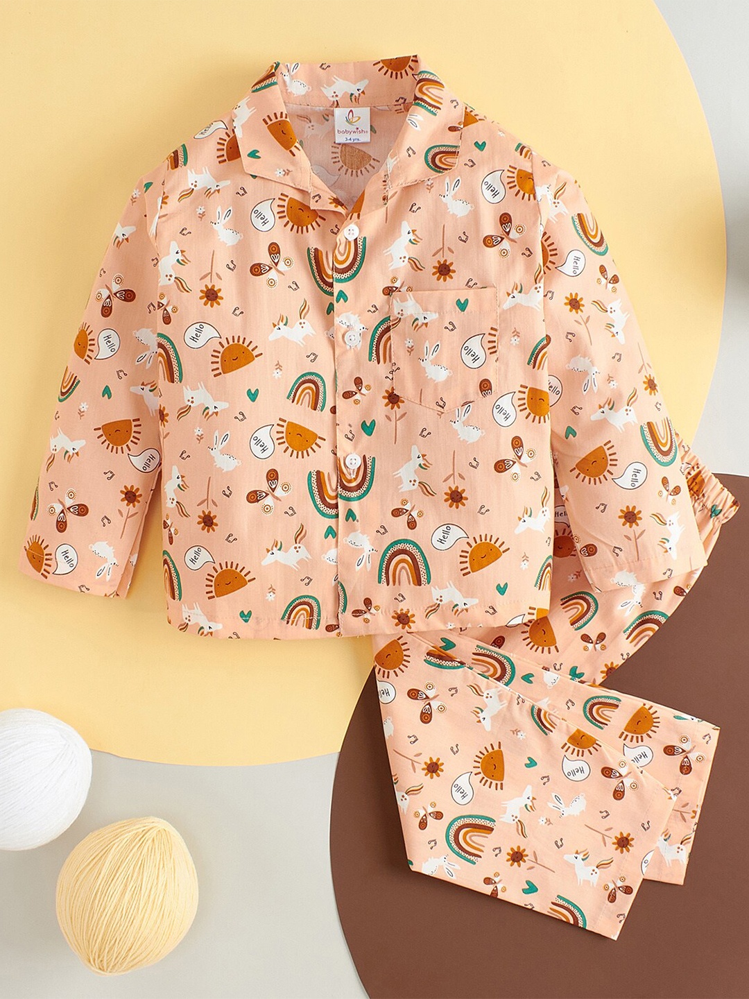 

Babywish Kids Conversational Printed Pure Cotton Night Suit, Peach