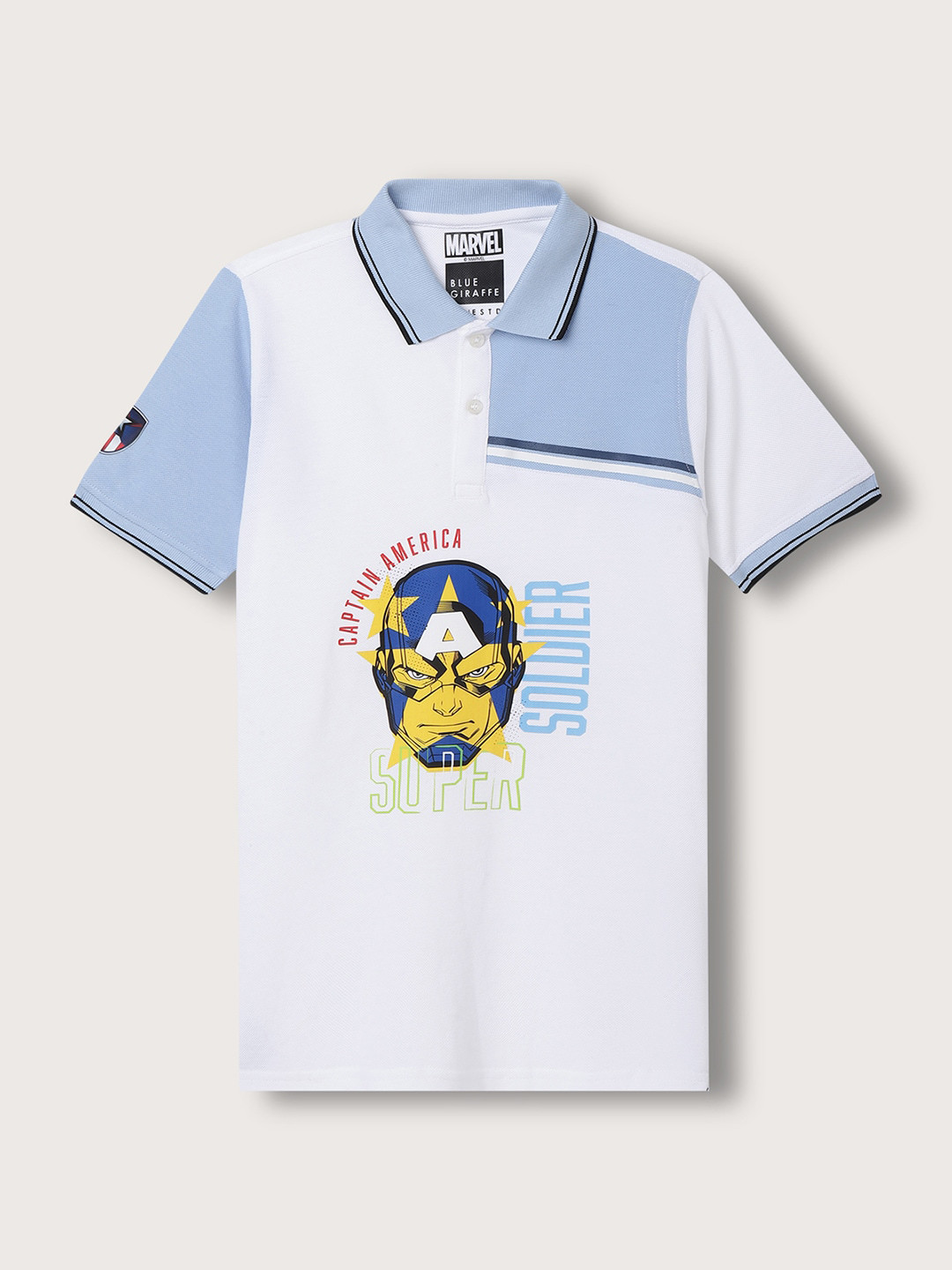 

Blue Giraffe Boys Captain America Printed Polo Collar Cotton T-shirt, White