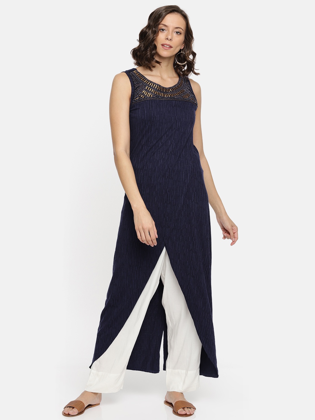 

Biba Women Navy Solid A-Line Embellished Kurta, Navy blue