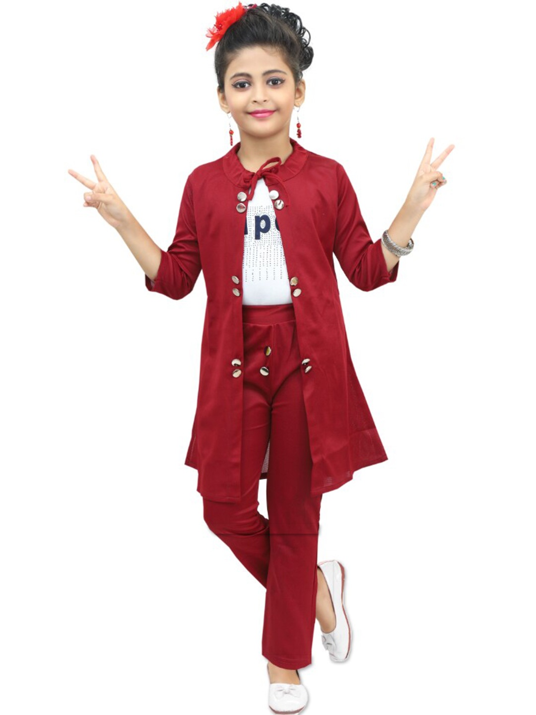 

BAESD Girls Printed T-shirt & Shirt With Trousers, Maroon