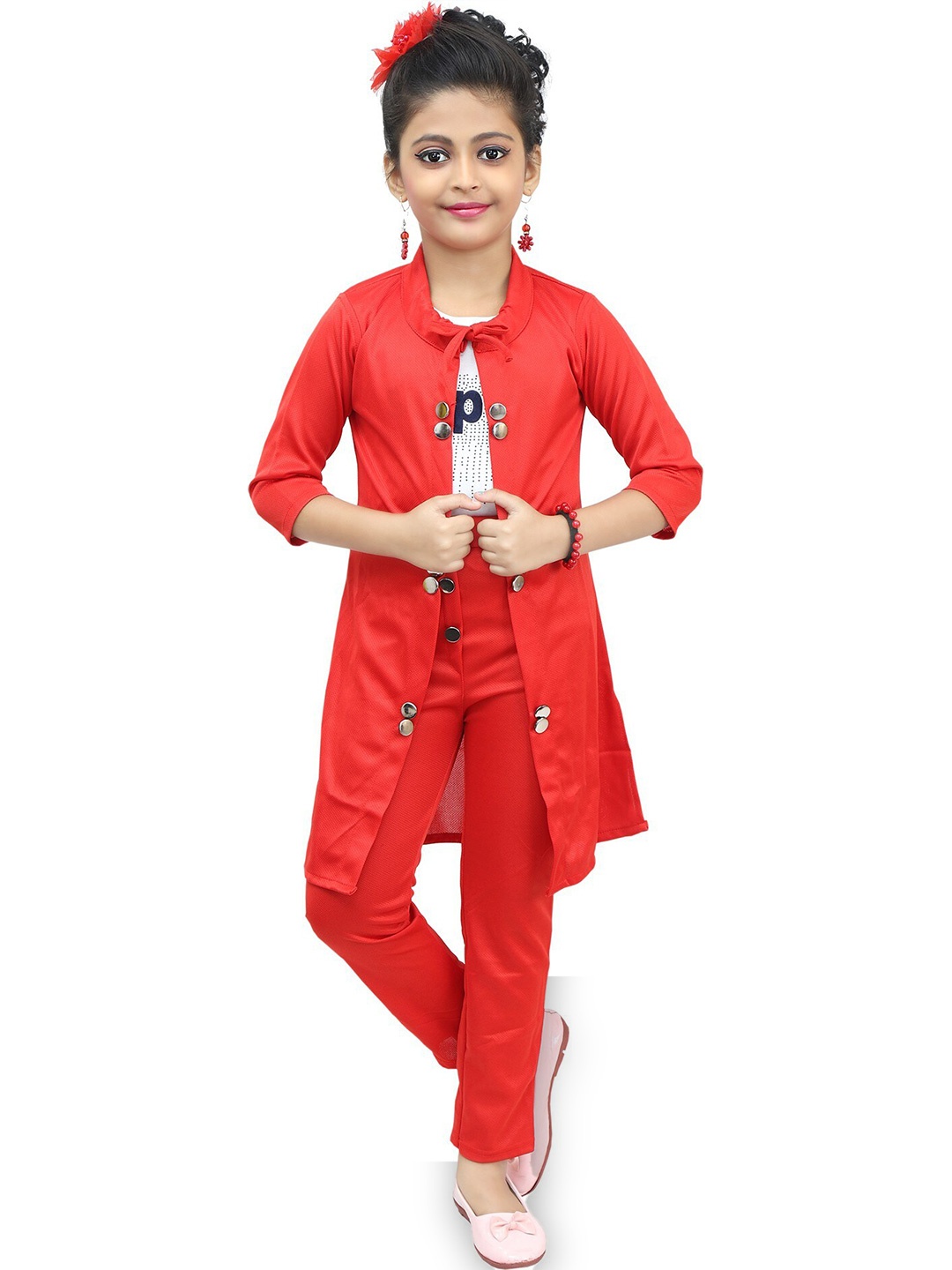 

BAESD Girls Printed T-shirt And Shirt With Trousers, Red