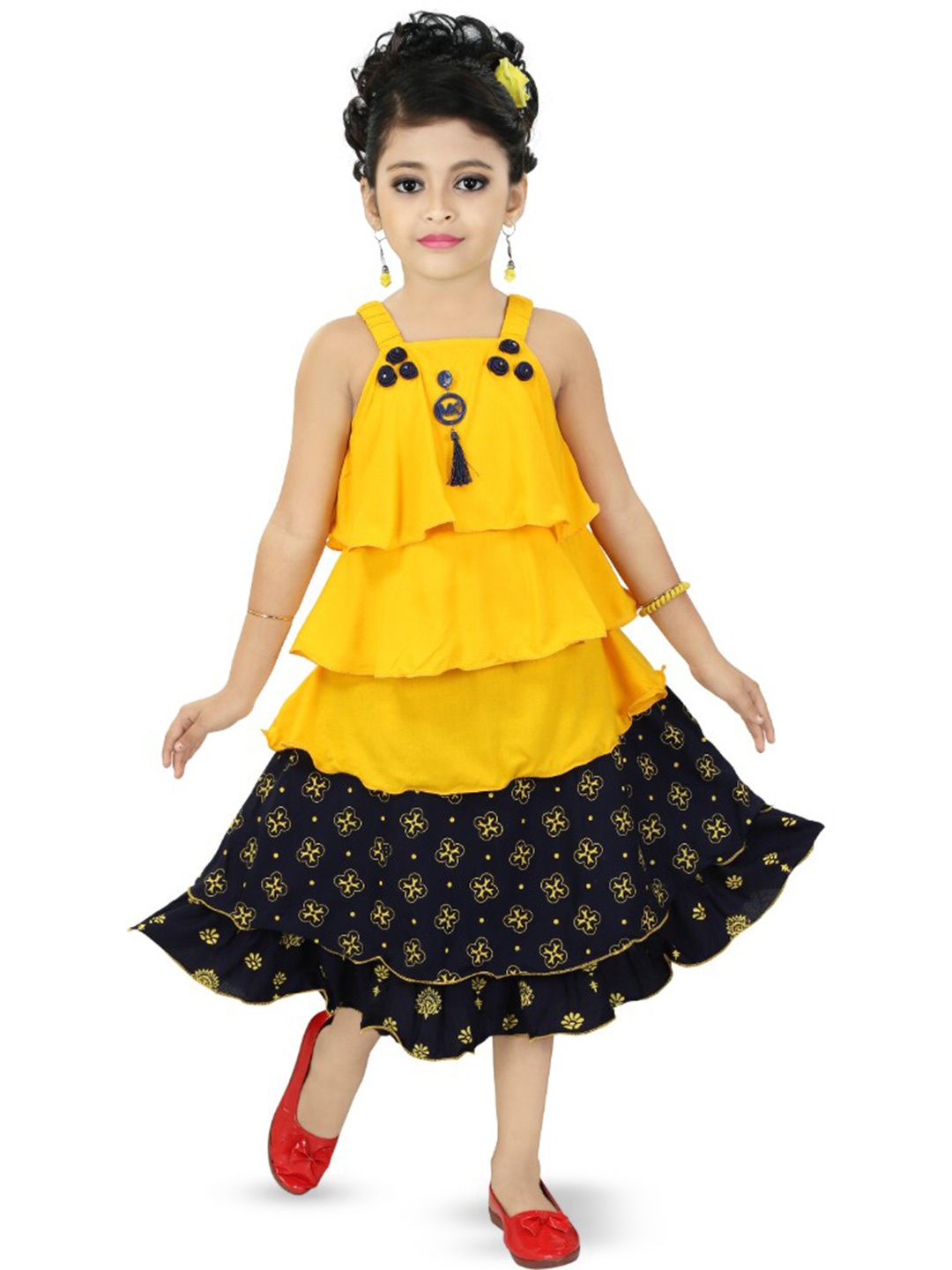 

BAESD Girls Printed Top With Skirt, Mustard