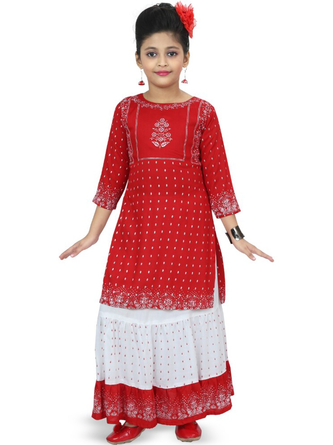 

BAESD Girls Printed Kurta With Skirt, Red