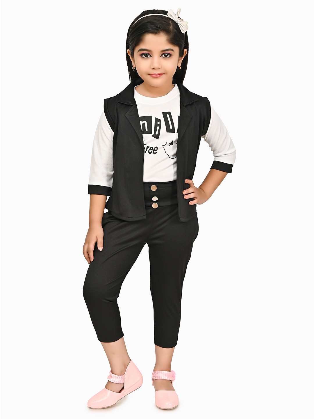 

BAESD Girls Printed T-shirt and Trousers With Waistcoat, Black