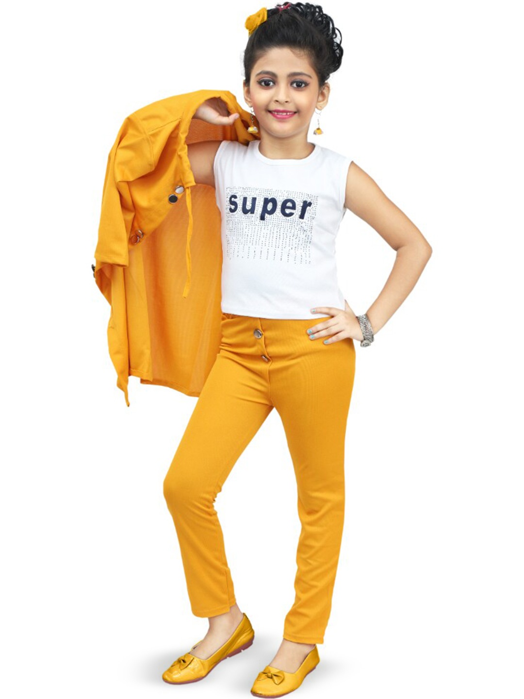 

BAESD Girls Printed T-shirt & Coat With Trousers, Mustard