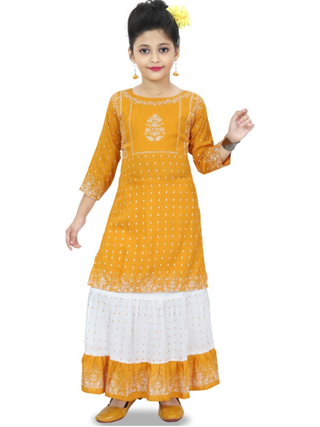 

BAESD Girls Printed Kurta With Skirt, Mustard