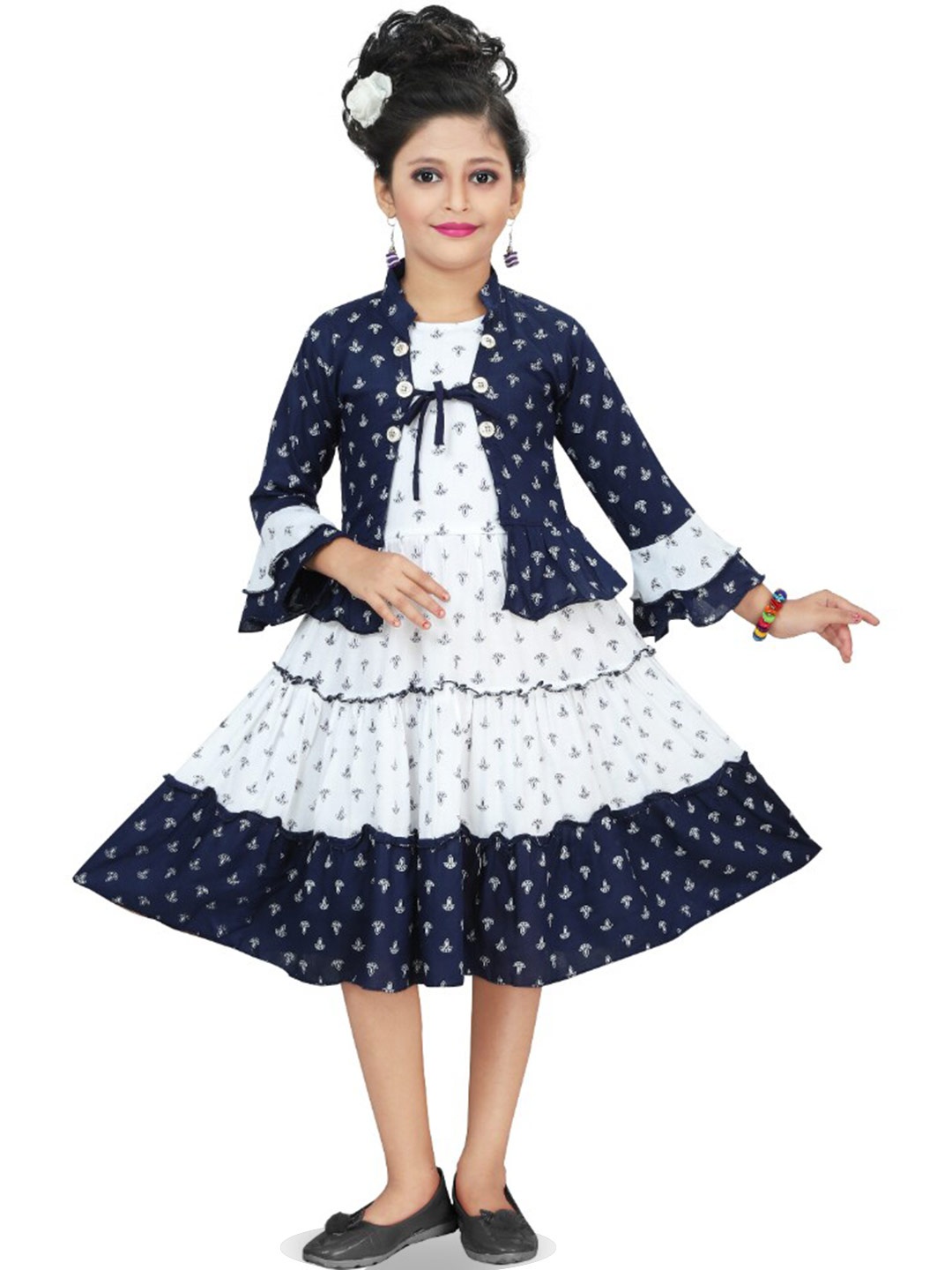 

BAESD Ethnic Motifs Print Bell Sleeve Fit & Flare Midi Dress, Navy blue