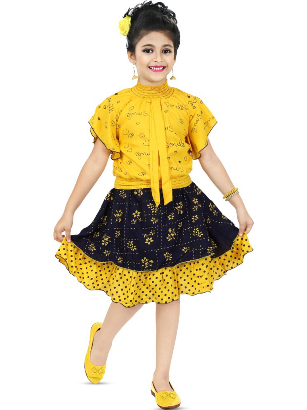 

BAESD Girls Printed Ruffled Top with Skirt, Mustard