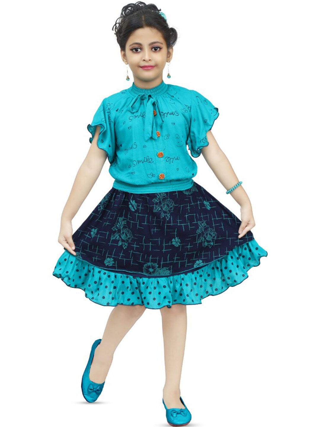 

BAESD Girls Printed Ruffled Top with Skirt, Blue