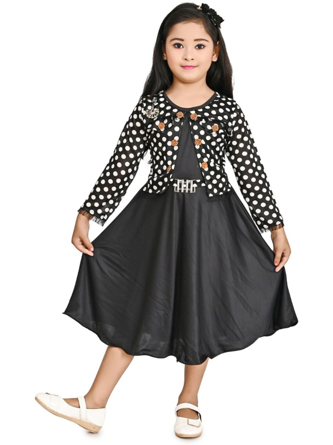 

BAESD Girls Polka Dots Printed A-Line Midi Dress, Black