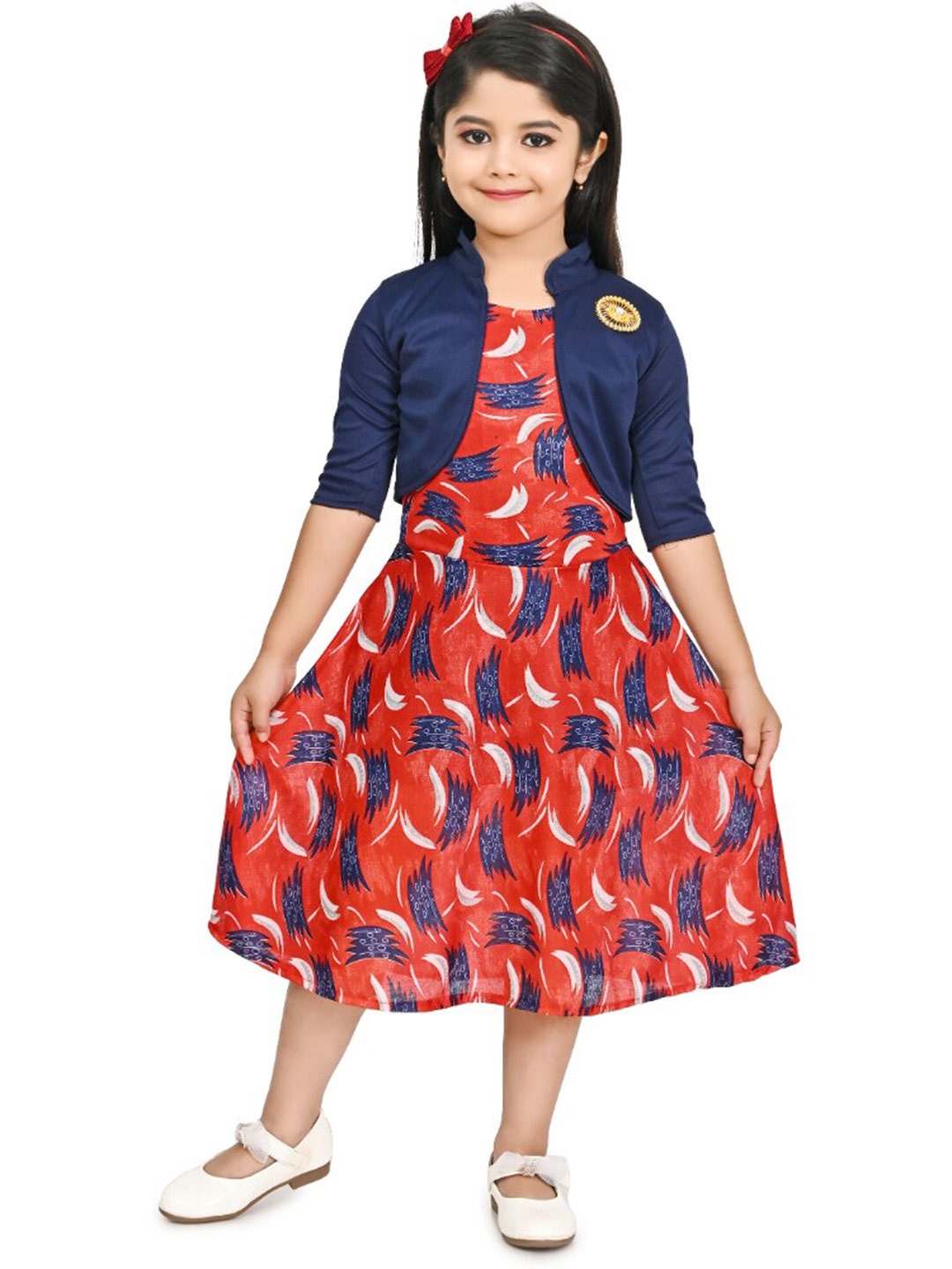 

BAESD Girls Printed A-Line Midi Dress With Jacket, Red