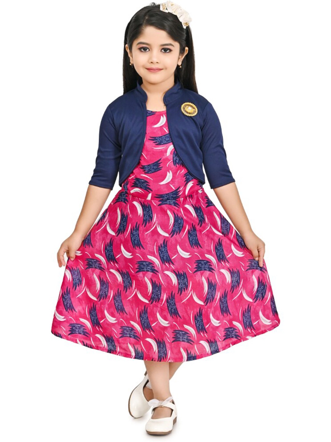 

BAESD Girls Abstract Printed A-Line Midi Cotton Dress with Jacket, Pink