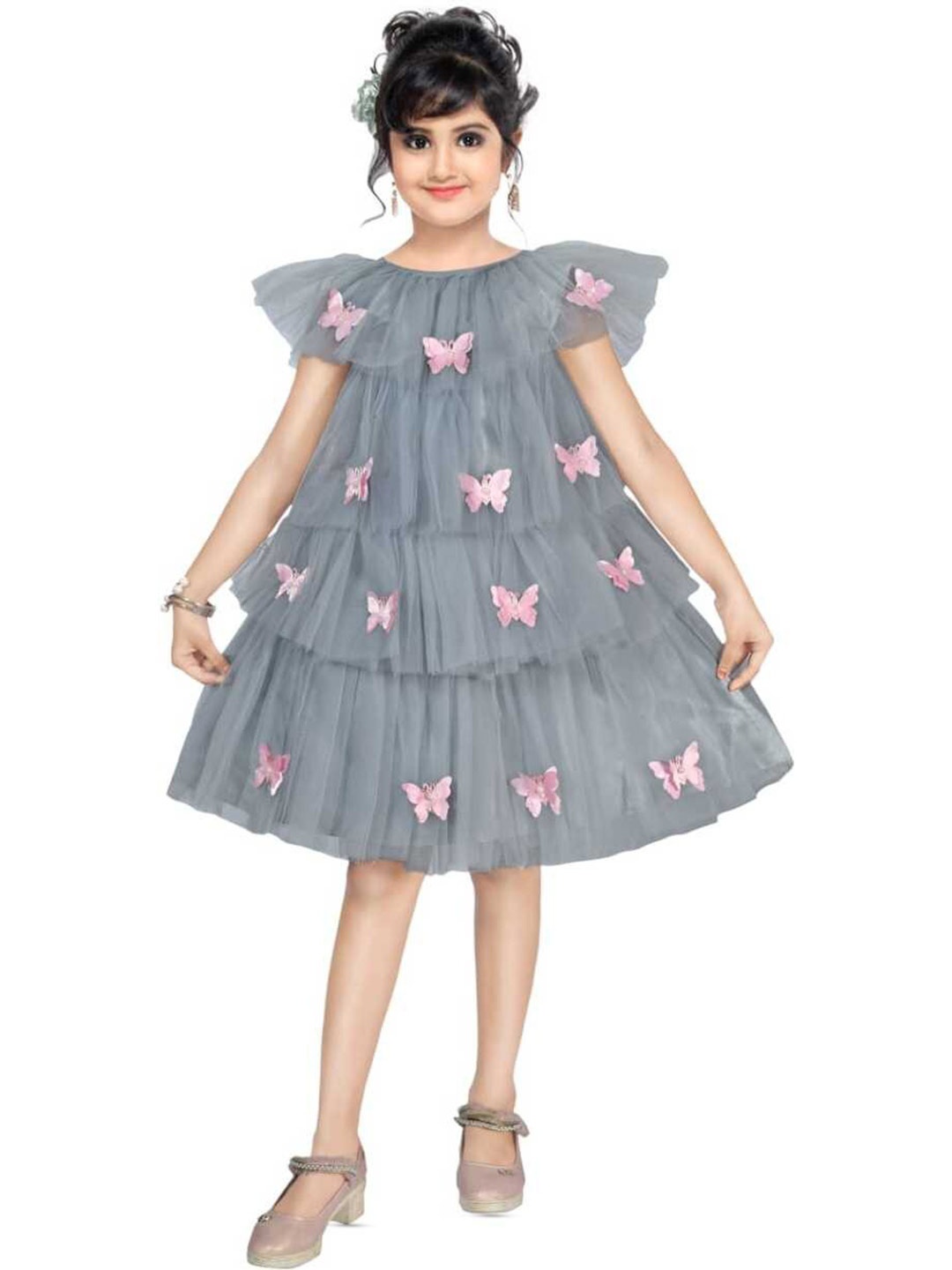 

BAESD Girls Flutter Sleeve Satin A-Line Dress, Grey