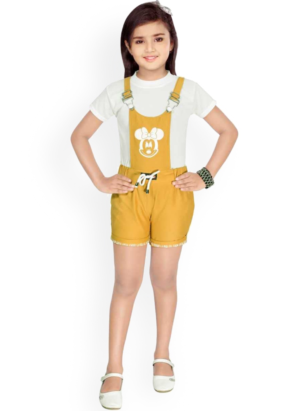

BAESD Girls Mickey Mouse Printed Cotton Slim-Fit Dungaree With T-Shirt, Yellow