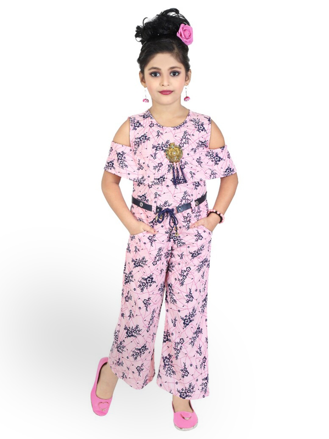 

BAESD Girls Printed Cold-Shoulder Sleeves Cotton Basic Jumpsuit, Pink