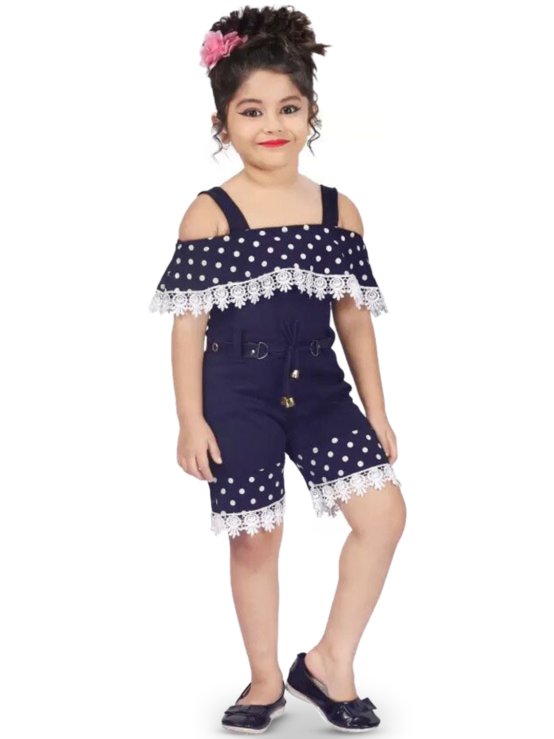 

BAESD Girls Printed Shoulder Straps Lace Inserts Playsuit, Navy blue