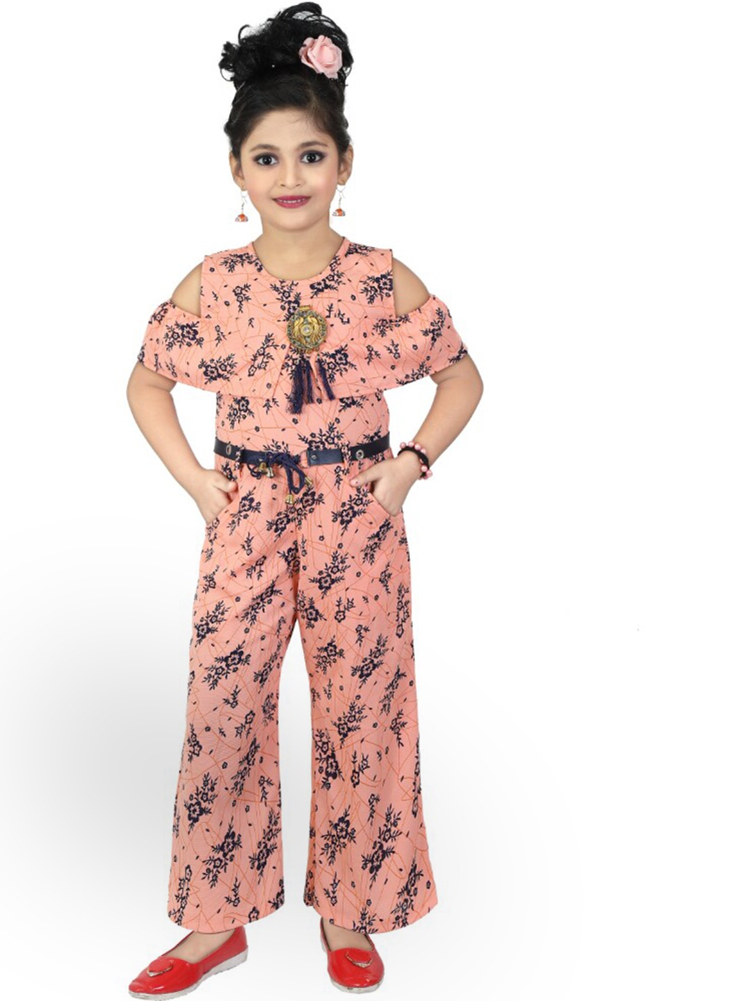 

BAESD Girls Printed Cold-Shoulder Sleeves Cotton Basic Jumpsuit, Peach