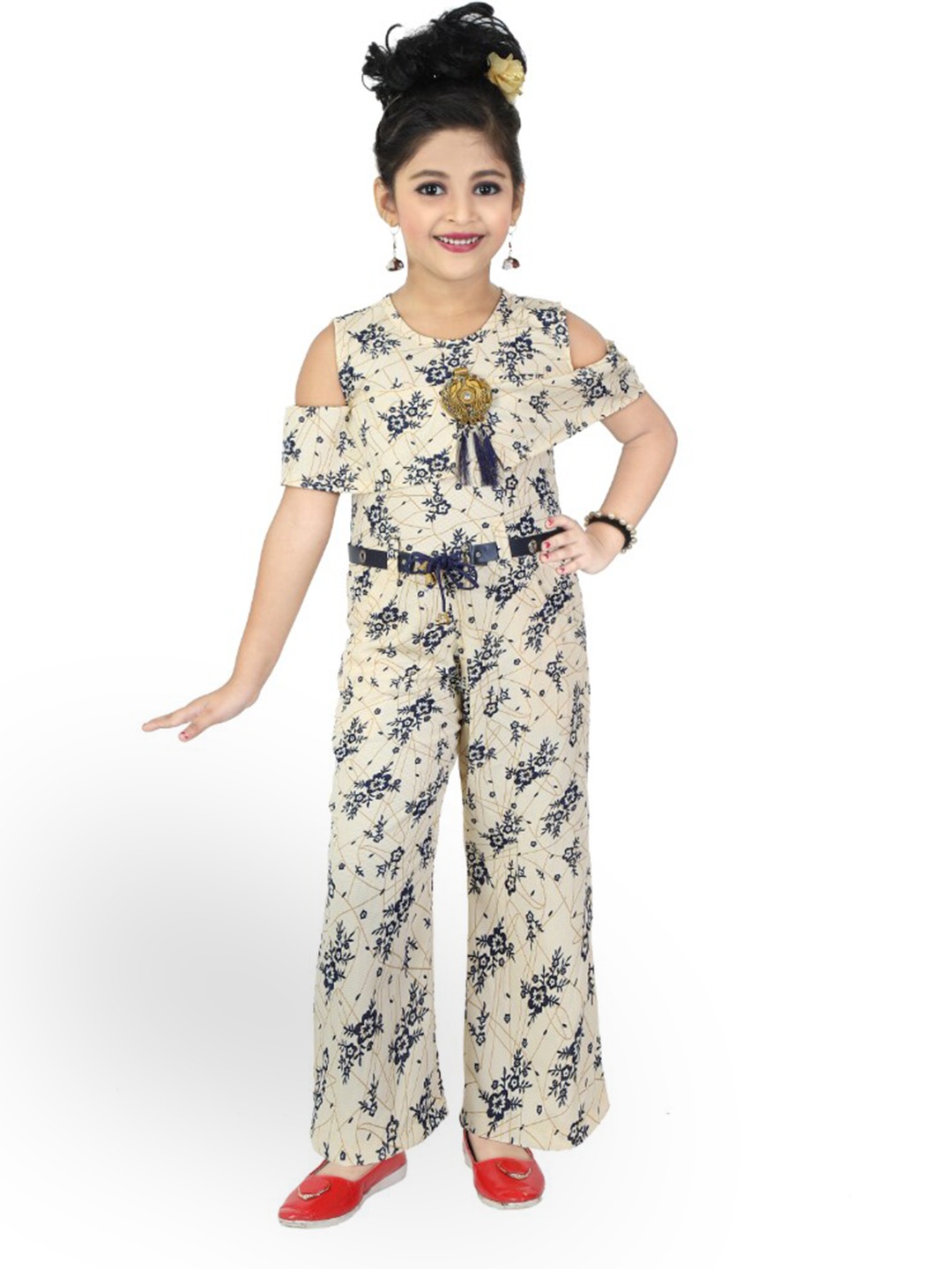 

BAESD Girls Printed Cold-Shoulder Sleeves Cotton Basic Jumpsuit, Beige