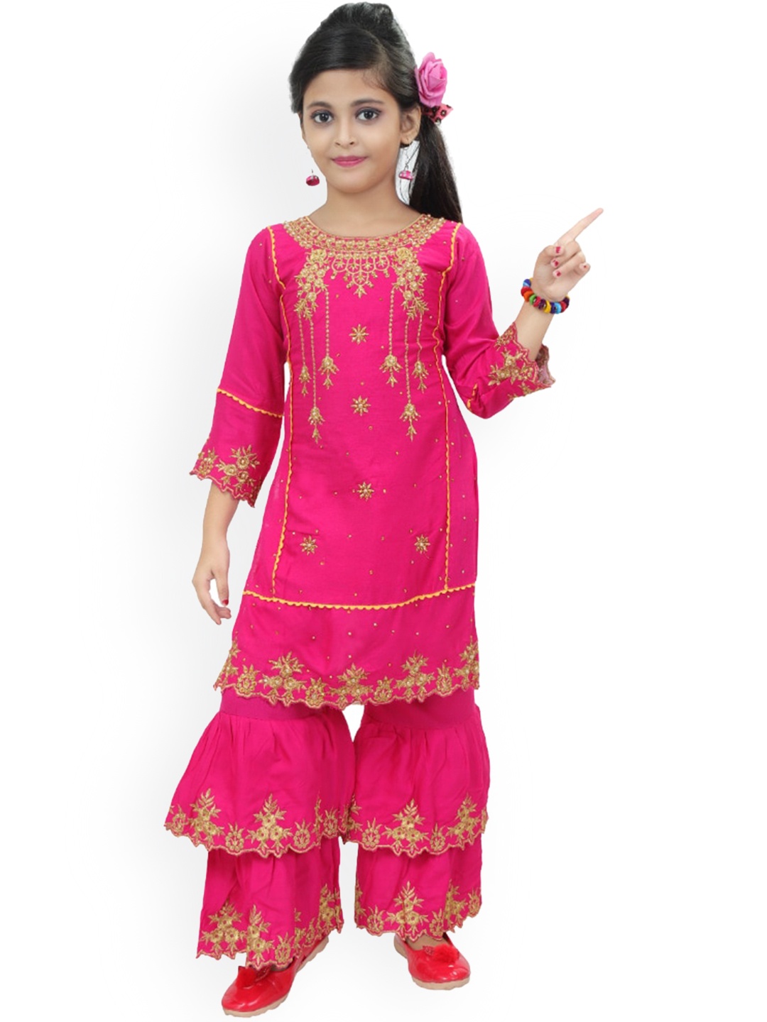 

BAESD Girls Ethnic Motifs Embroidered Regular Kurta with Sharara, Pink