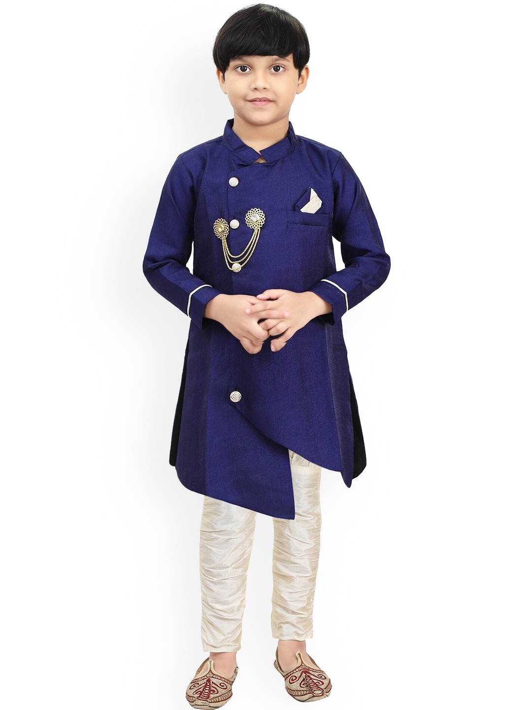 

BAESD Boys Mandarin Collar Asymmetric Kurta with Pyjamas, Navy blue