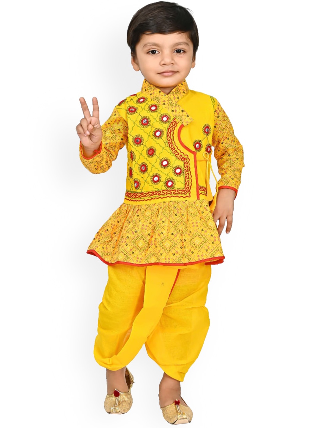 

BAESD Boys Ethnic Motifs Printed Angrakha Kurta with Dhoti Pants, Yellow