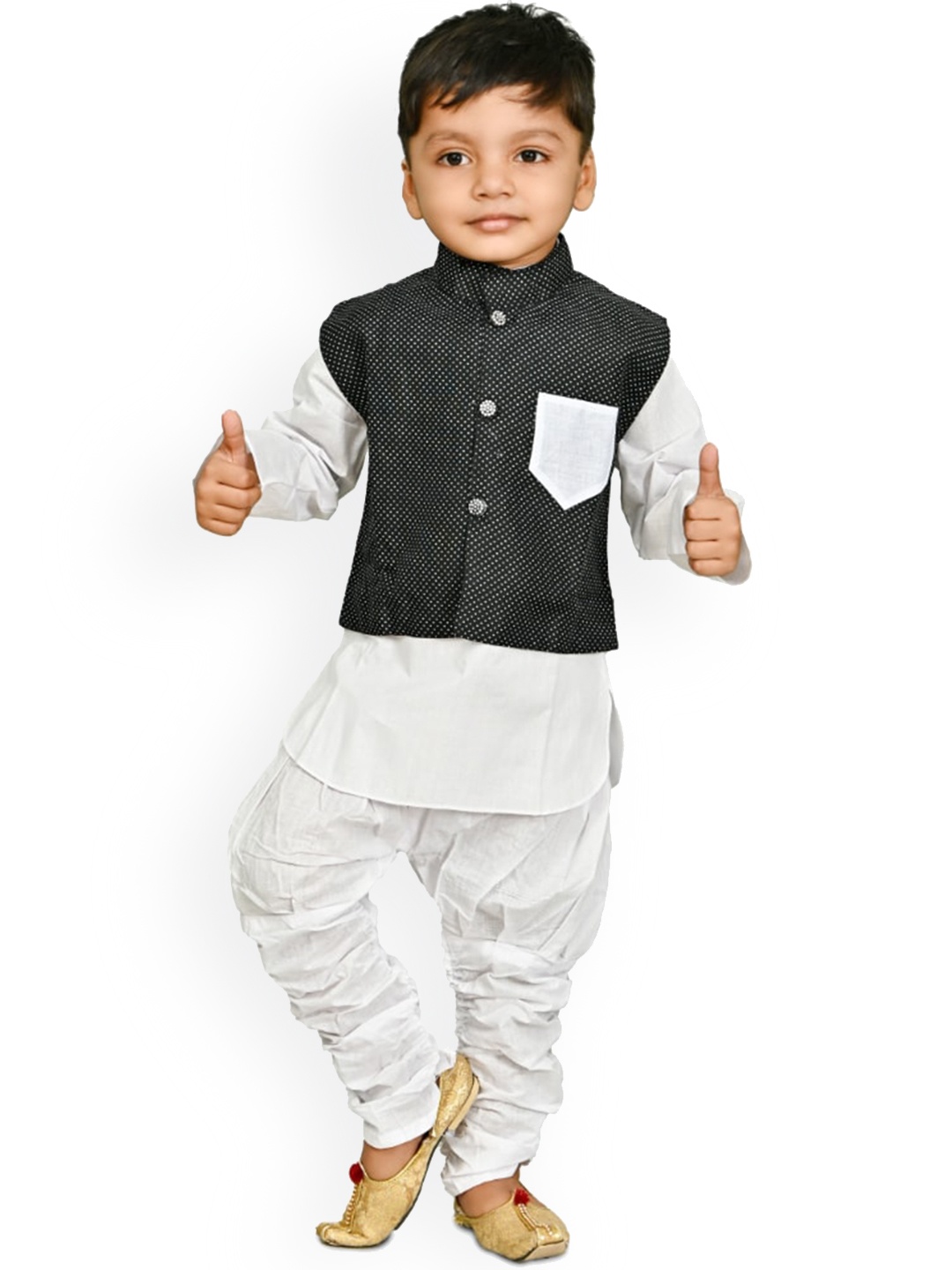 

BAESD Boys White Printed Regular Kurta & Pyjamas With Waistcoat