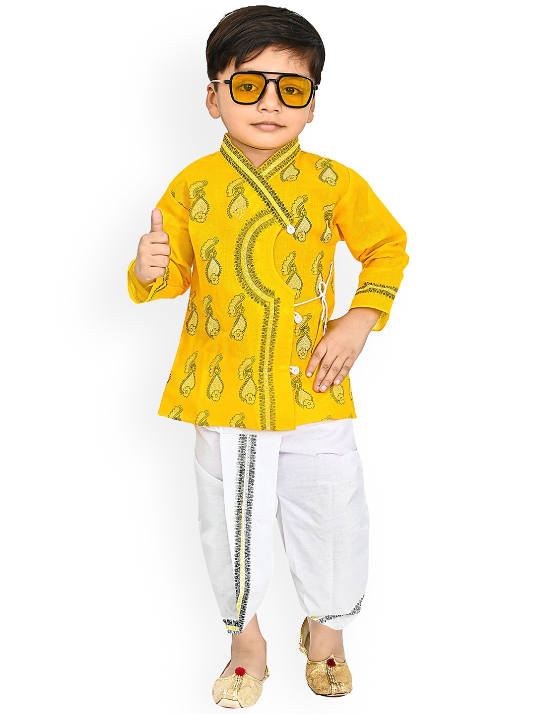 

BAESD Boys Ethnic Motifs Printed V-Neck Kurta with Dhoti Pants, Yellow