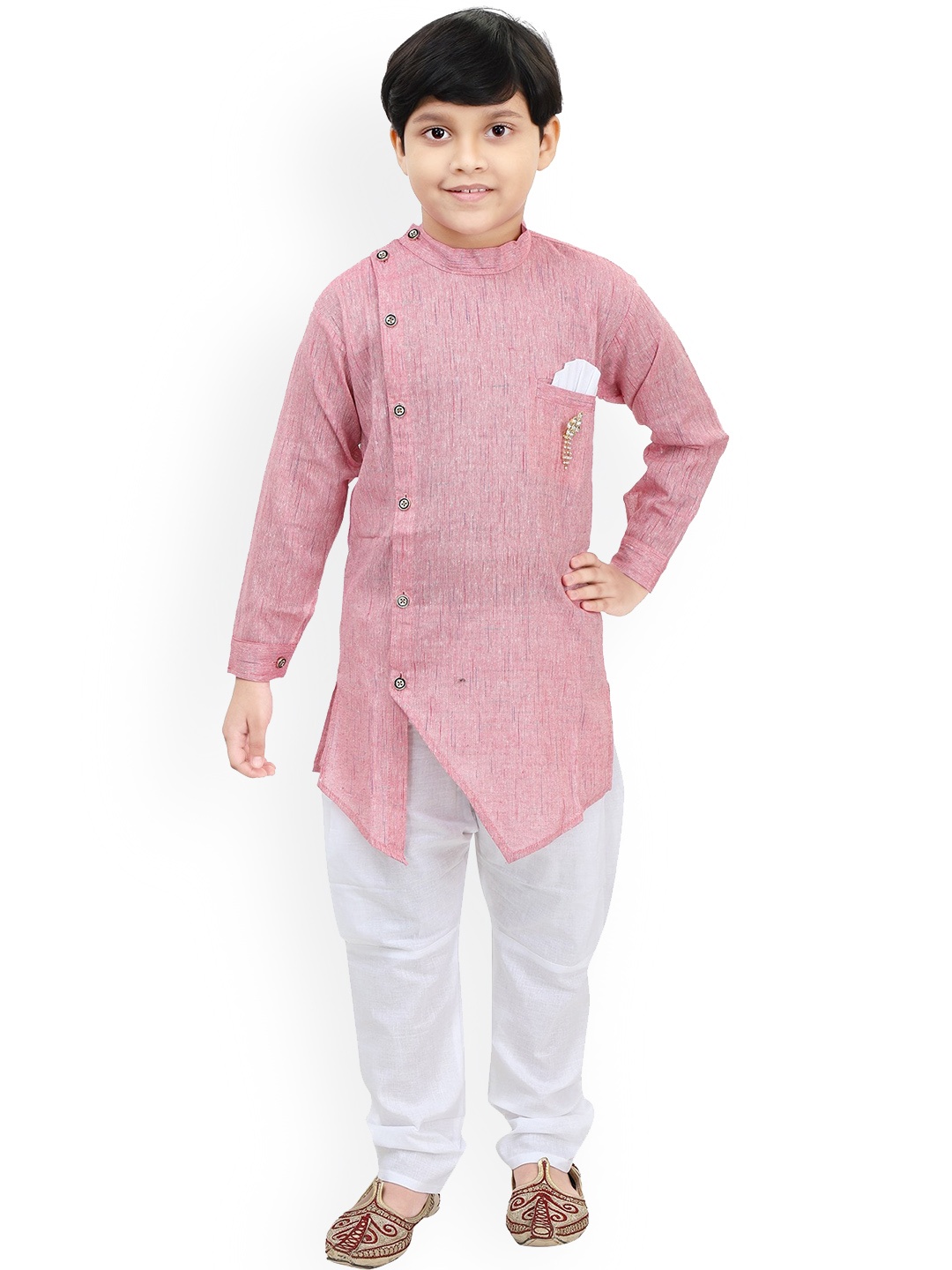 

BAESD Boys Band Collar Regular Straight Kurta With Pyjamas, Pink